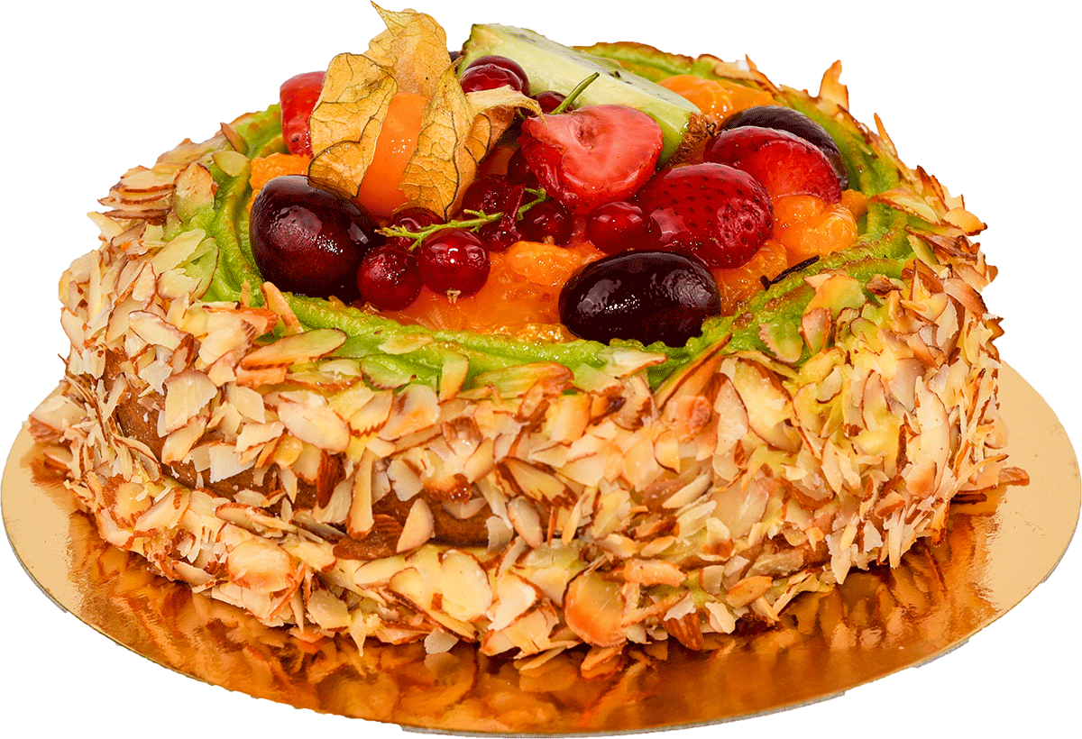 En älskad svensk klassiker med mjuka, saftiga bottnar, len vaniljkräm, krispig mandelkrans och generöst toppad med färgsprakande, färsk frukt.